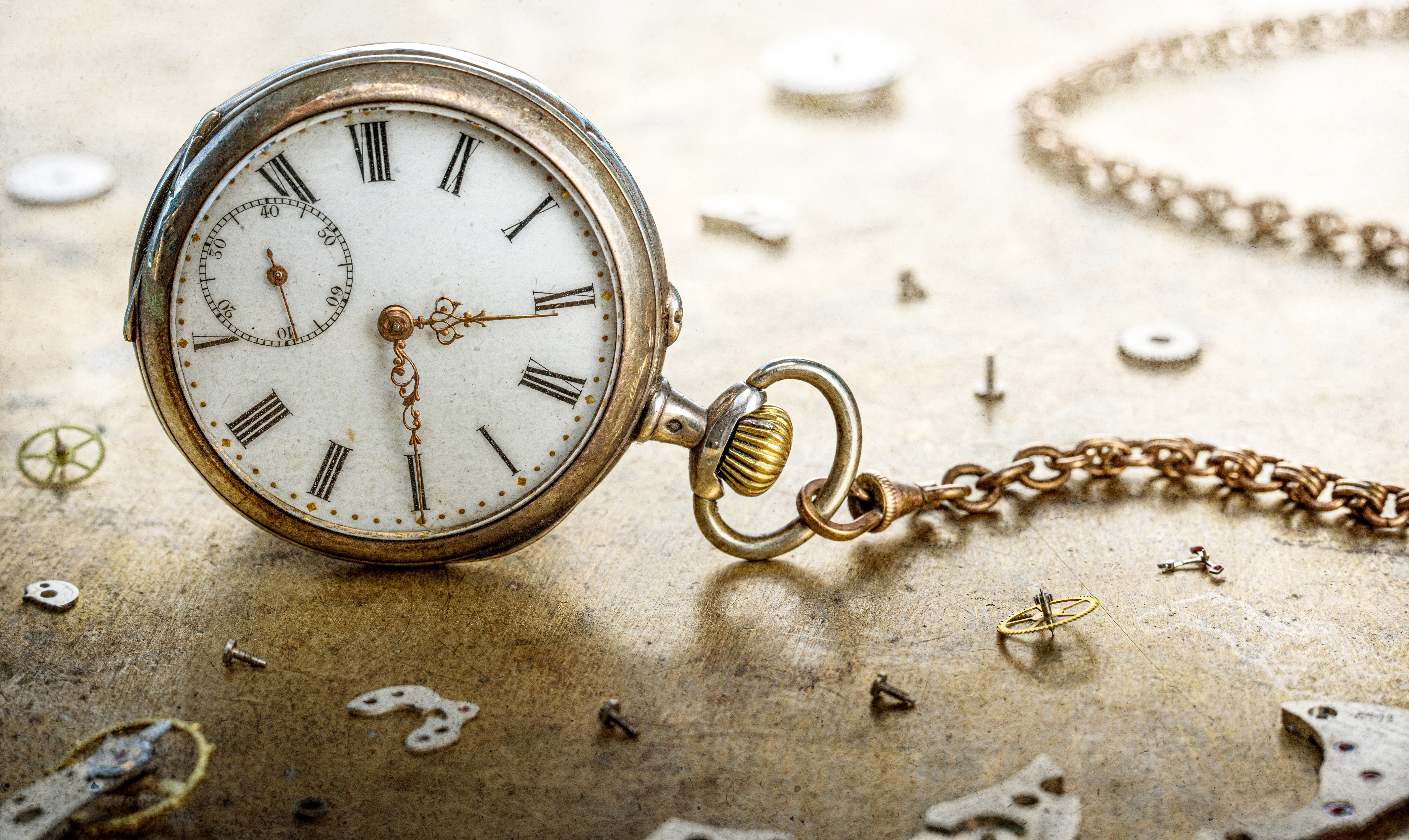 Vintage pocket watch with chain — gold and silver cases